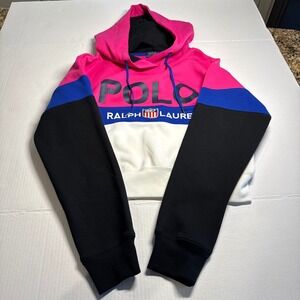 Polo Ralph Lauren Soft Color Block Hoodie Cropped Pink Black Blue White Size M